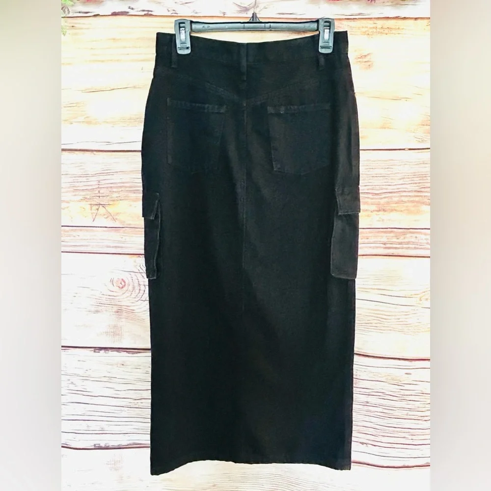 Sincerely Jules Women’s Black Front Slit Cargo Maxi Denim Skirt Size 9/28 NWT
